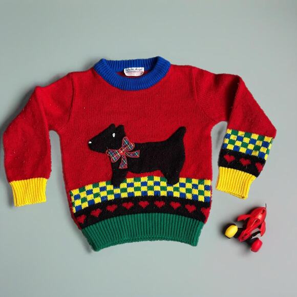 Red and black vintage 90s  Scottie dog sweater with bow - Picture 1 of 4